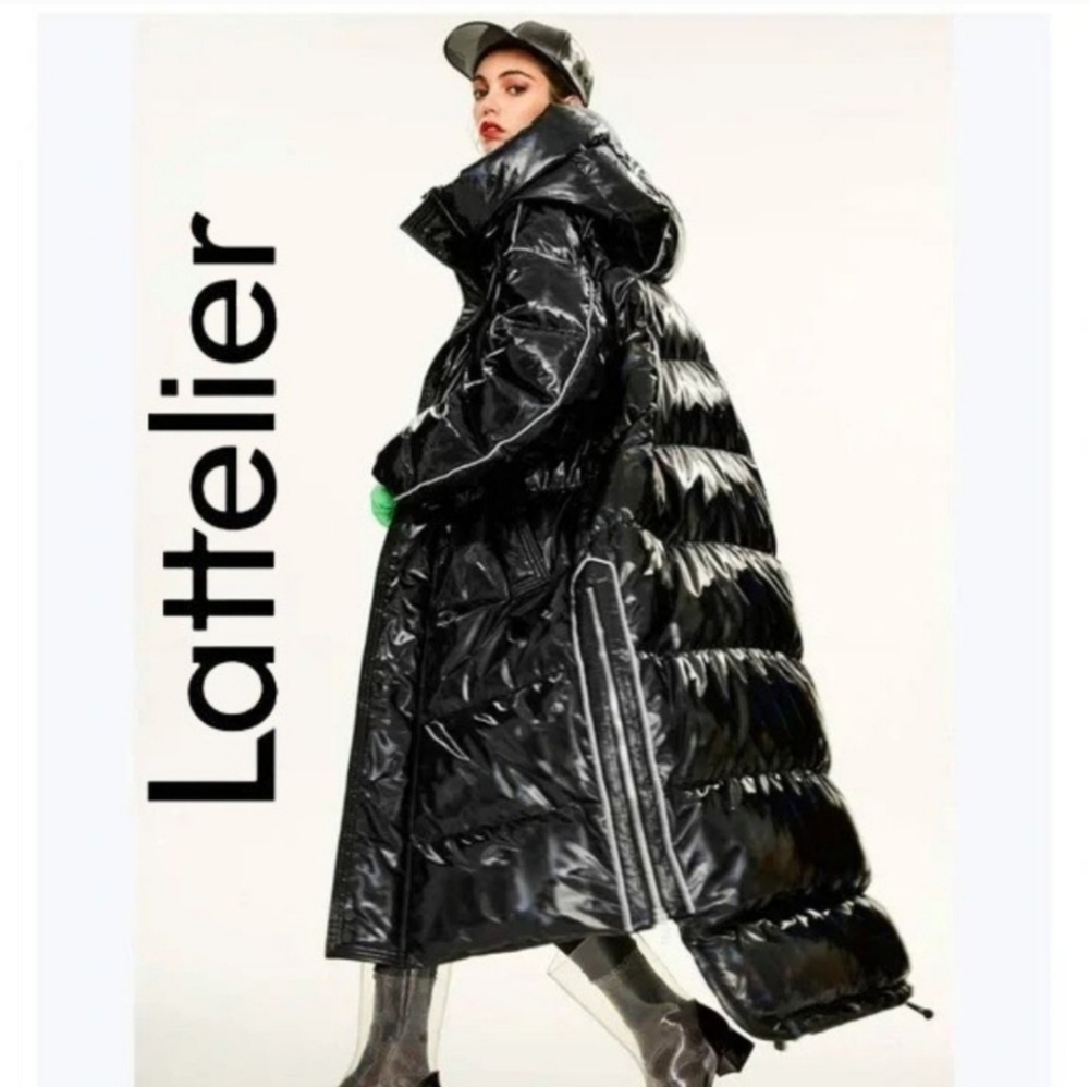 NWOT LATTELIER DOWN FILLED Black SHINY Puffer FULL LENGTH Coat for Women SZ.L